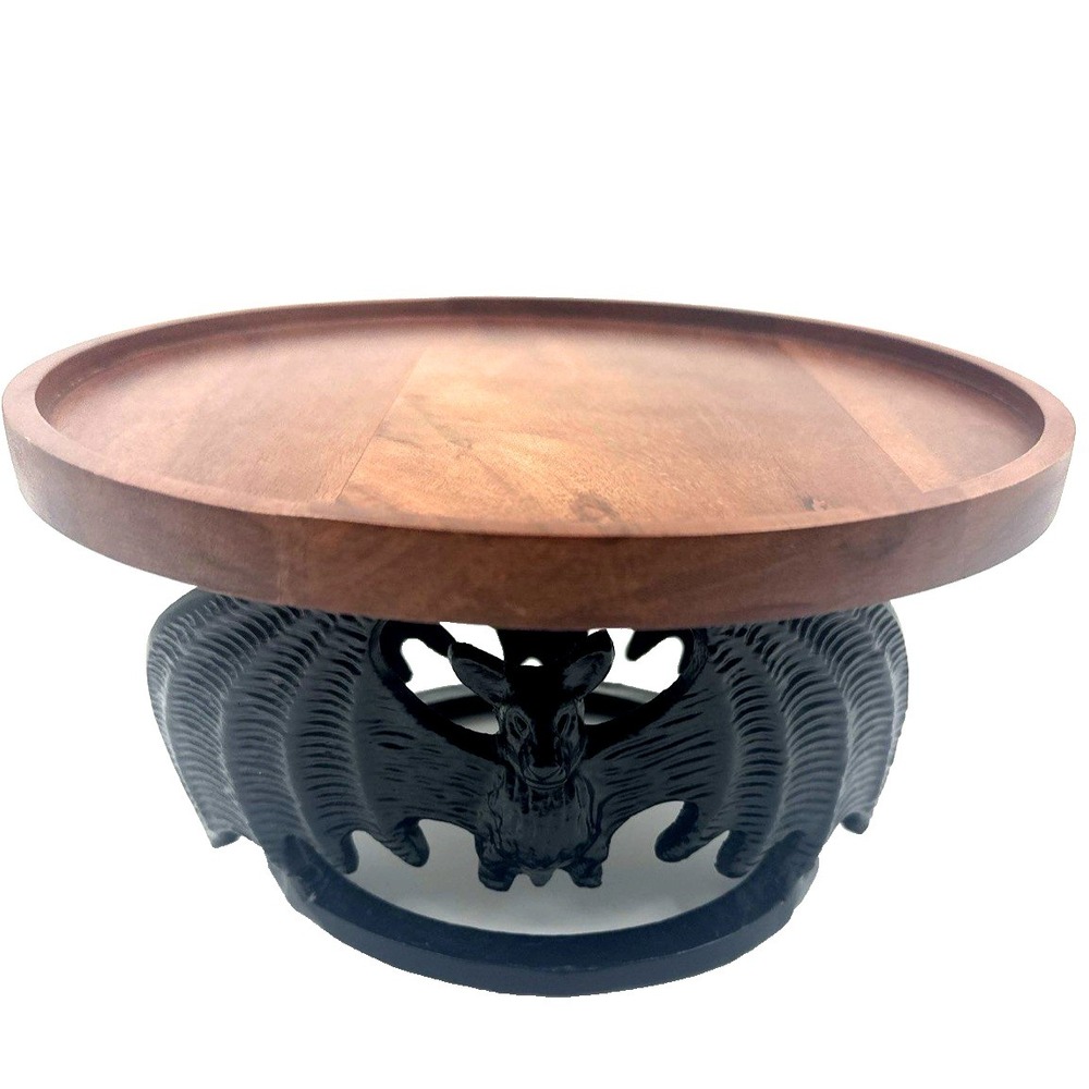 Spooky Hollow Bat Pedestal Stand Black Metal Base with Wood Top Halloween Decor